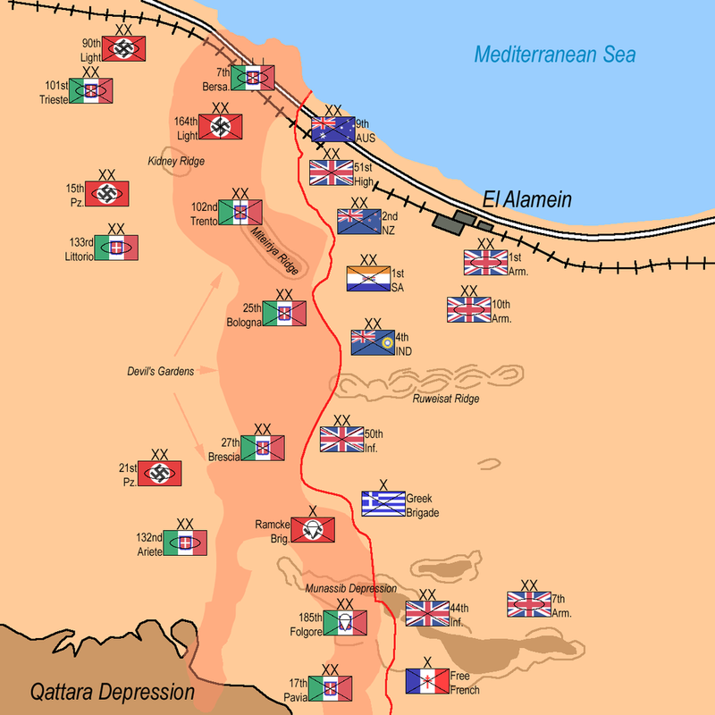 En este esquema del despliegue de tropas durante la segunda Batalla del El Alamein se puede observar la posición de la 4ª División de Infantería de la India