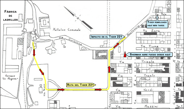 Mapa de Cecina mostrando la ruta del Tiger 221 y la posición del Sherman nº 11 durante el combate final. El sombreado del mapa muestra el daño causado por los bombardeos, tanto aéreos como de artillería, siendo negro destrucción completa y sombreado los distintos grados de daño ligero a moderado