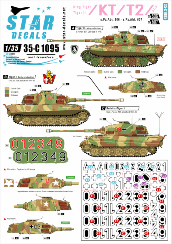 507 Tiger I on the Eastern Front 1944 Star Decals 1/35 TIGER TANKS OF s.Pz.Abt 