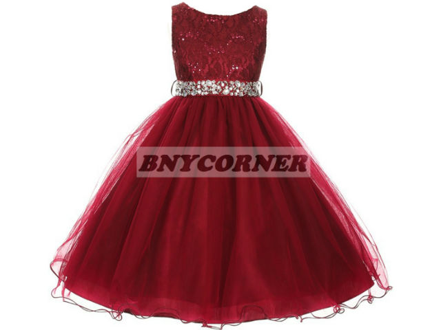 Burgundy Lace Sequin Gem Flower Girl Dress Bridesmaid Wedding Formal Dance