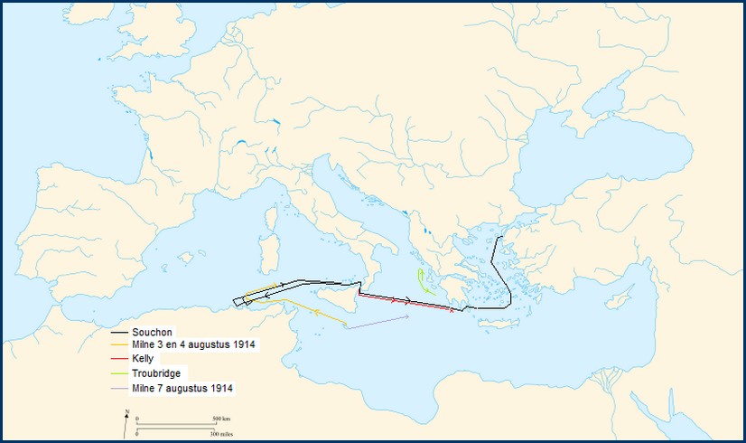 Route van de diverse betrokken schepen, aangeduid naar hun bevelhebbers