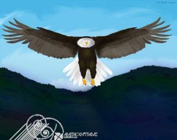 bald eagle swooping over mountain painting