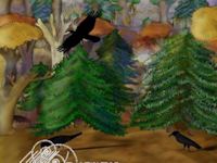 crows foraging and flying around the autumn forest painting