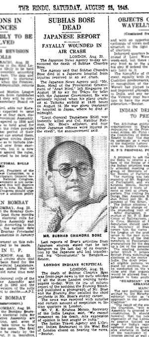 Portada de periódico que recoge la noticia de la muerte de Chandra Bose