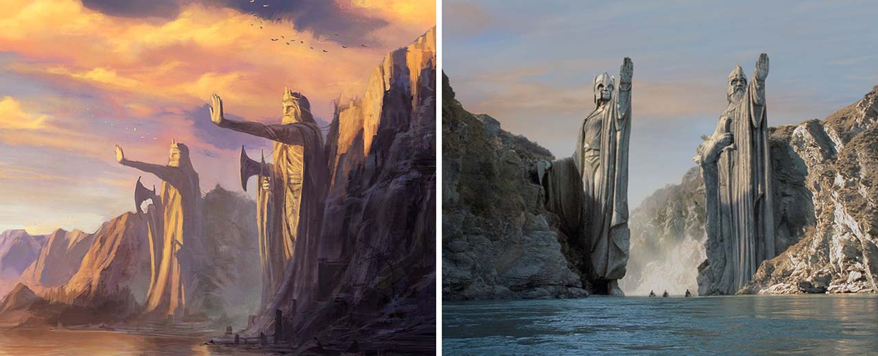 31 Lord Of The Rings Facts Every Fan Should Know - The Argonath, the two statues the Fellowship pass when they travel by the river, represent Isildur and his brother Anárion and both of them hold an axe in the right hand. In the movie, though, Anárion is replaced with Elendil and the statue is holding Narsil (Elendil's sword) instead of an axe.