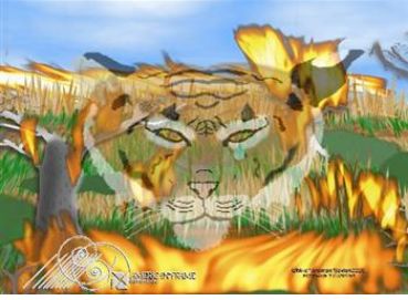 forest burning and ghost of tiger sheds a single tear painting
