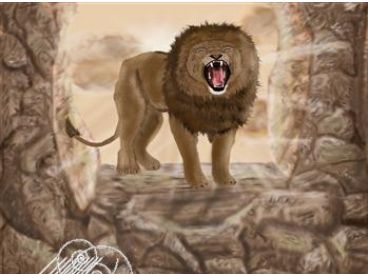 big cat male lion roaring at sunset painting