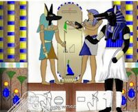 Egyptian god Anubis looks on hieroglyphics painting