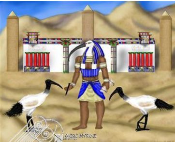 Egyptian god Thoth standing with ibises in front of his temple painting