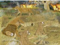 big cats lion family looking on as the savanna burns painting