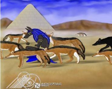 Egyptian god Anubis emerging from a pack of jackals in the desert painting