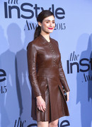 emmy_rossum_tight_shiny_brown_leather_dress_2015