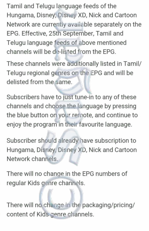 Effective, 25th September, Tamil and Telugu language feeds of few channels  will be de-listed from the EPG. | DreamDTH Forums - Television Discussion  Community