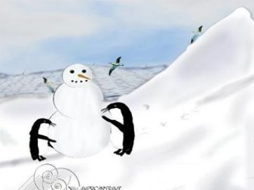 penguins building a snowman painting