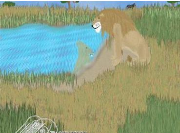 big cat male lion looking at his younger reflection in a pool of water painting