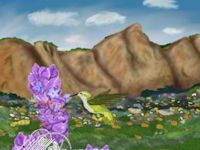 hummingbird sipping nectar from flower in wild meadows painting